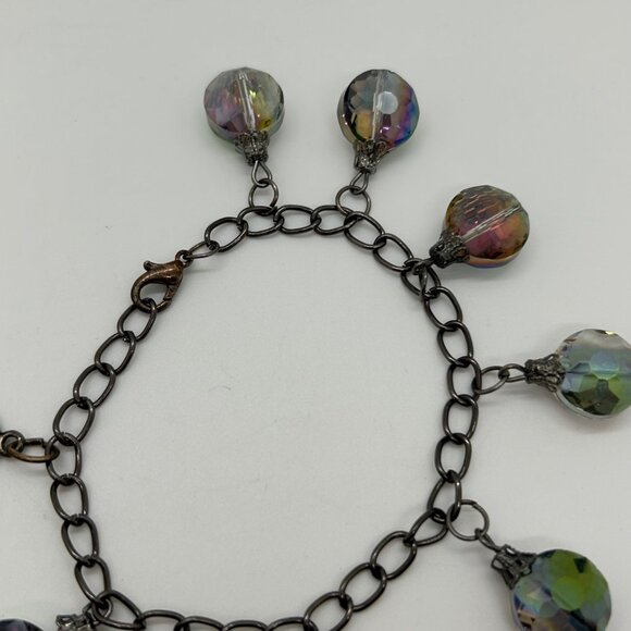 Aurora Borealis Crystal Charm Bracelet W/ Cameo Pendant Antique Black Chain Desi - Picture 6 of 16